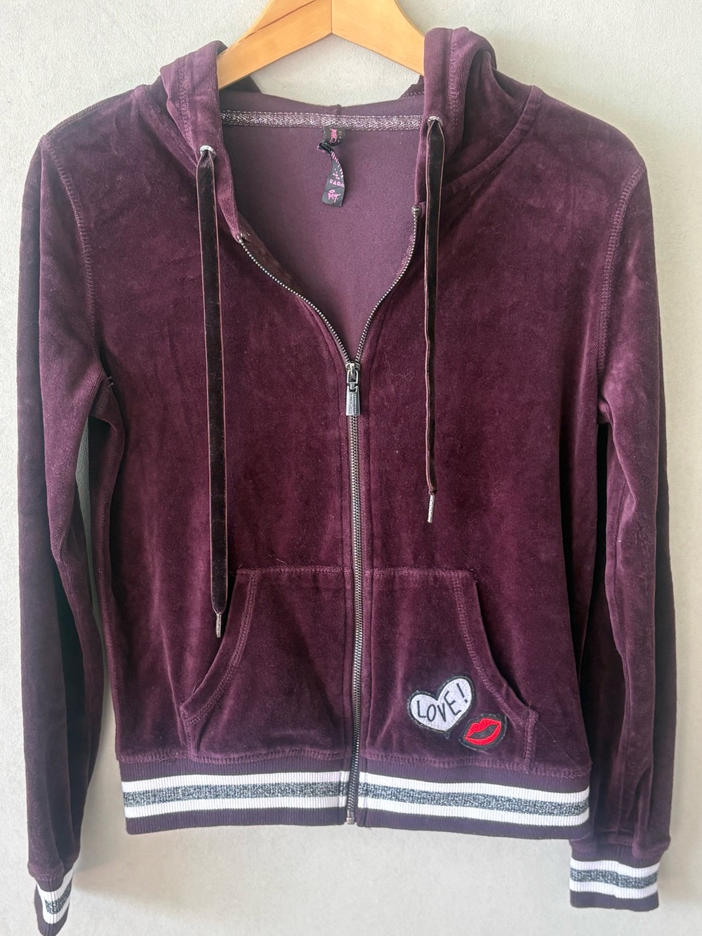 Betsey Johnson women’s Velvet Zip Hoodie - Plum size medium